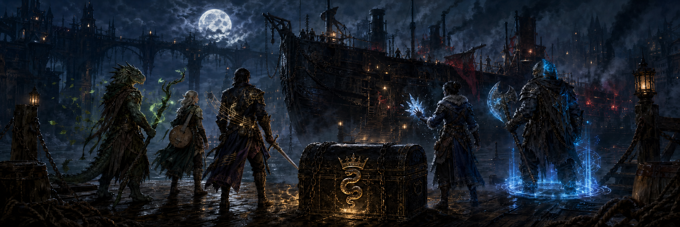 Ark's five-person crew faces the Blackwing and a sealed serpent-marked chest on a moonlit waterfront.